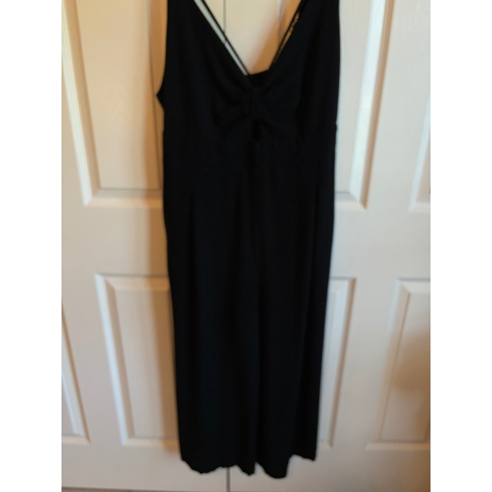 Black Linen Blend Wide Leg Jumpsuit V-Neck Knot Front Smocked Back Sleeveless